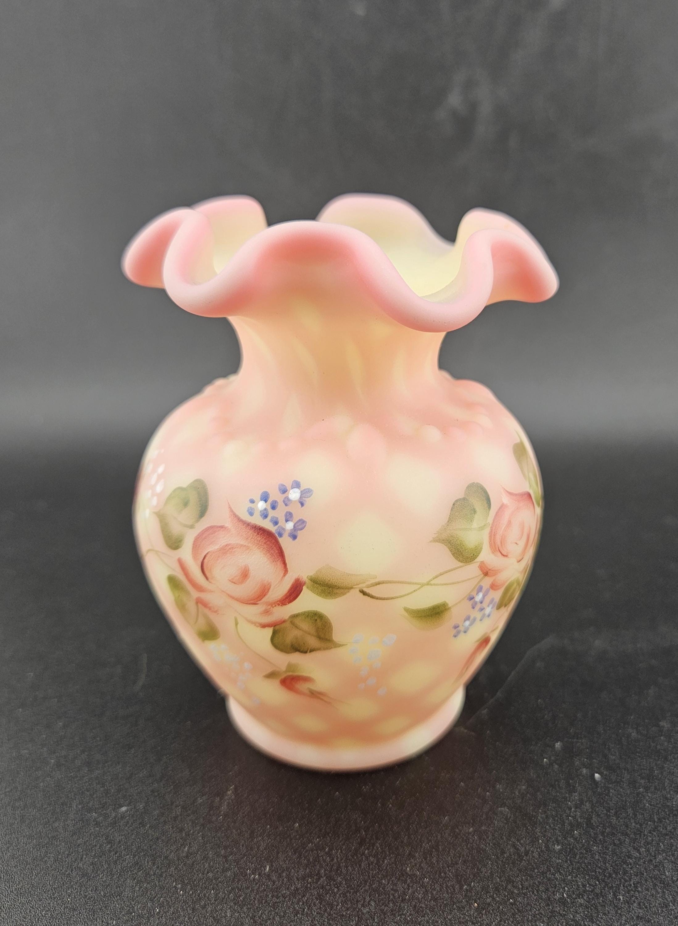 Fenton Burmese Diamond Optic Rose Trellis Vase Double Signed UV