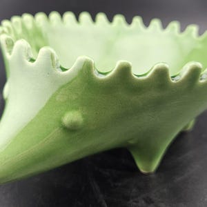 May include: A green ceramic planter shaped like a hedgehog with a scalloped rim. The planter has a textured surface and a glossy finish.