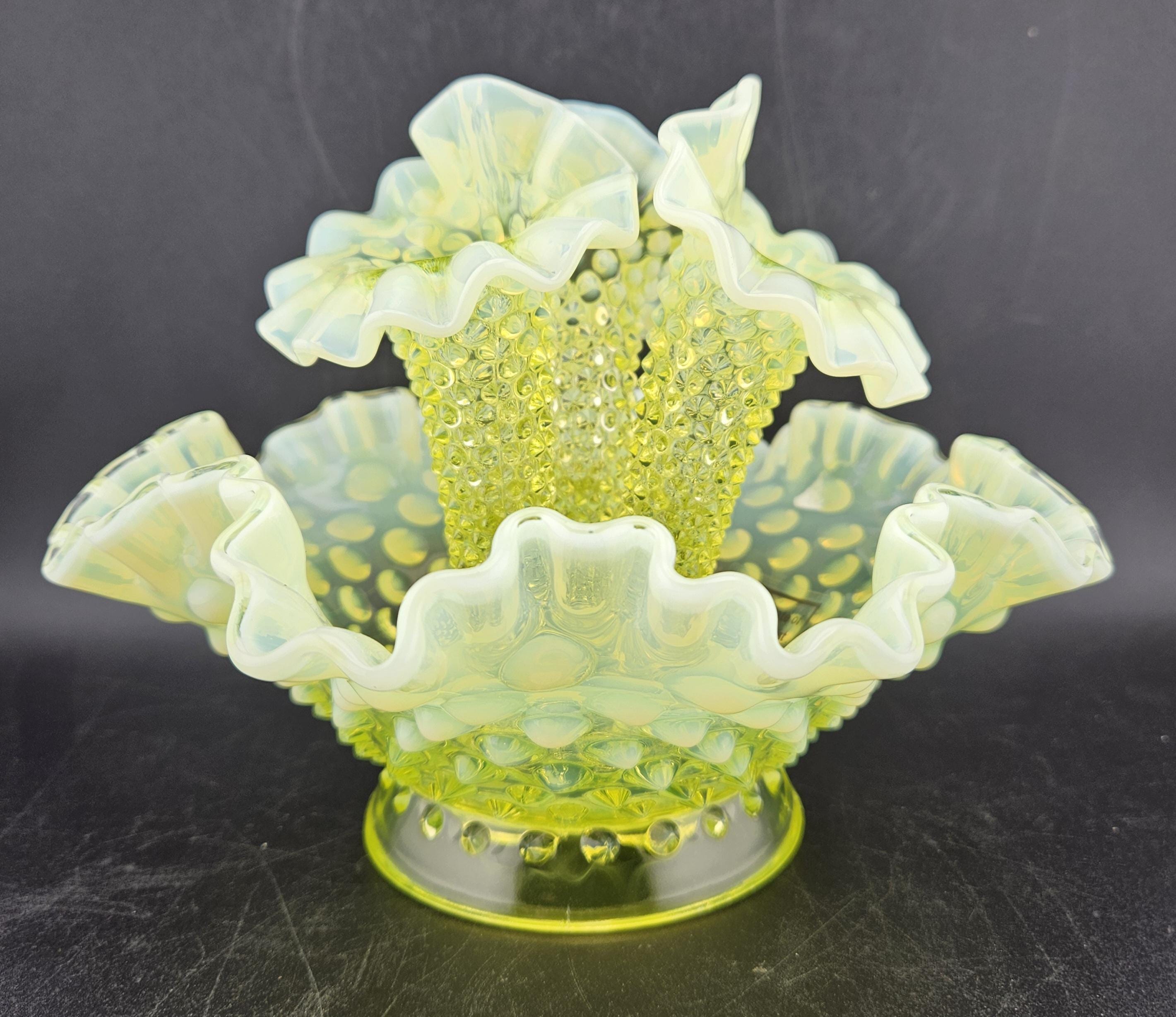 Fenton Topaz Opalescent 3~horn Epergne UV Reactive RARE Apartment