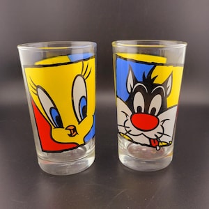 Vasos de Looney Toons, 1994 Warner Brothers Vasos de jugo de Looney Toons, vasos de Tweety Bird, Twenty y Sylvester, Looney Tunes