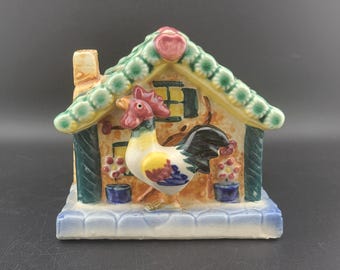 Rooster ceramic planter, made in  Japan, house and rooster design, vintage planters, farmhouse kitchen, planter, vintage planters, roosters,