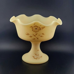 Fenton Glass Cameo Ruffled Satin Compote with Hand Painted Wild Flowers, satin custard Glass Flower Vase, Vintage Fenton, cottage core