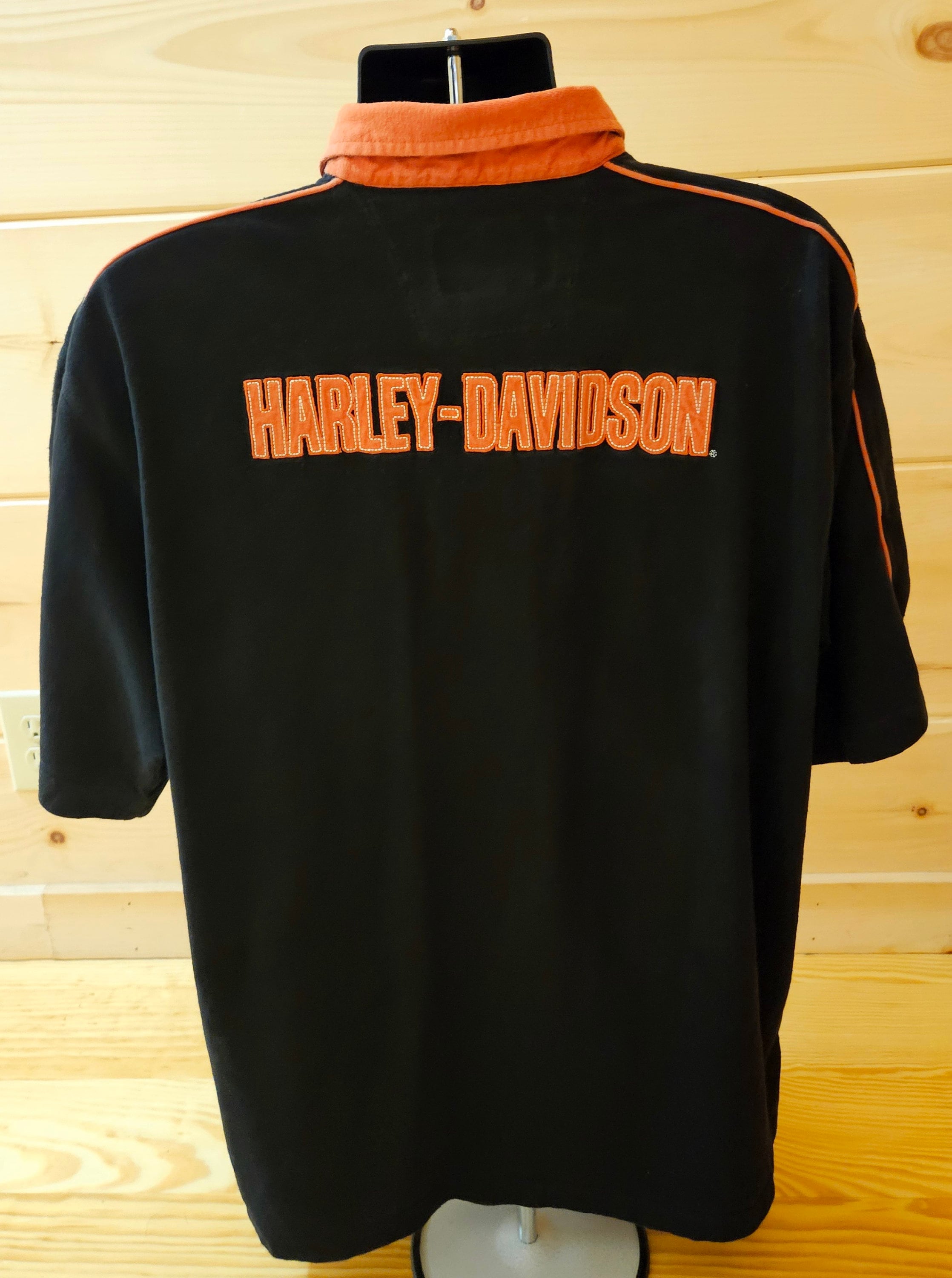 Vtg Harley Davidson Black/orange Button Collared Men's Polo