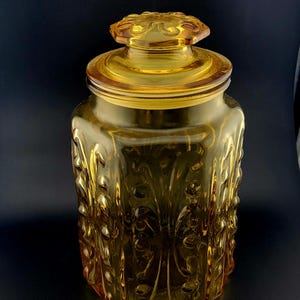 Vintage honey Amber scroll glass canister, retro,  LE Smith glass,  Federal Glass,  colorful glass, vintage kitchen canisters