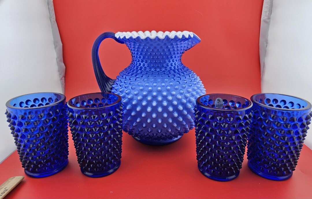 Fenton Cobalt Blue Overlay With Milk Glass Rim Hobnail Pitcher