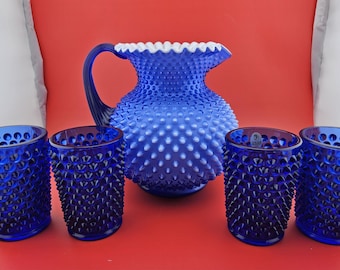 Fenton Cobalt Blue Overlay With Milk Glass Rim Hobnail Pitcher