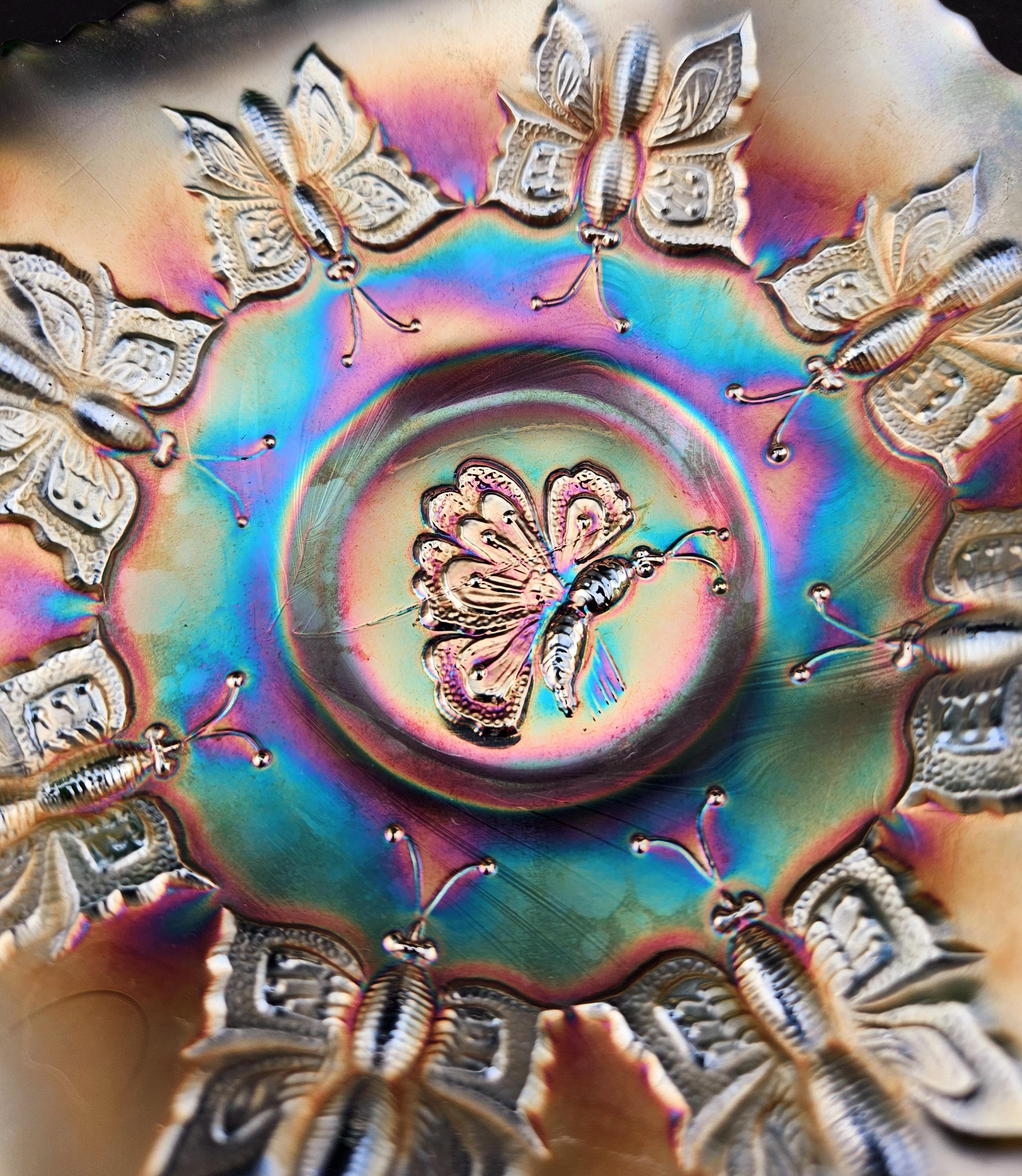 Fenton Green Carnival Glass Butterfly Handled Bon Bon Dish