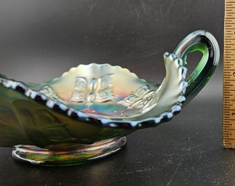 Fenton Green Carnival Glass Butterfly Handled Bon Bon Dish Bowl