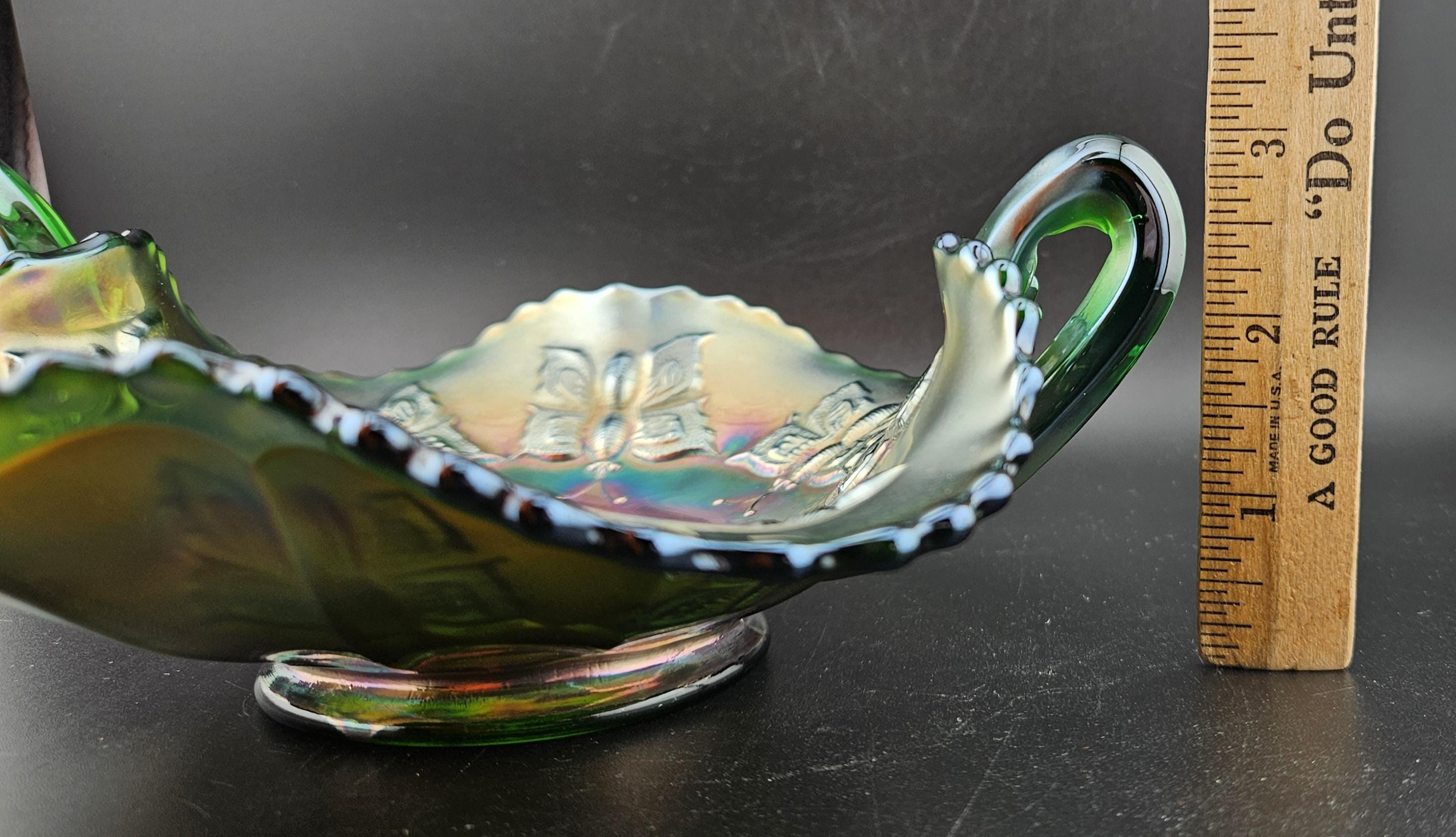 Fenton Green Carnival Glass Butterfly Handled Bon Bon Dish