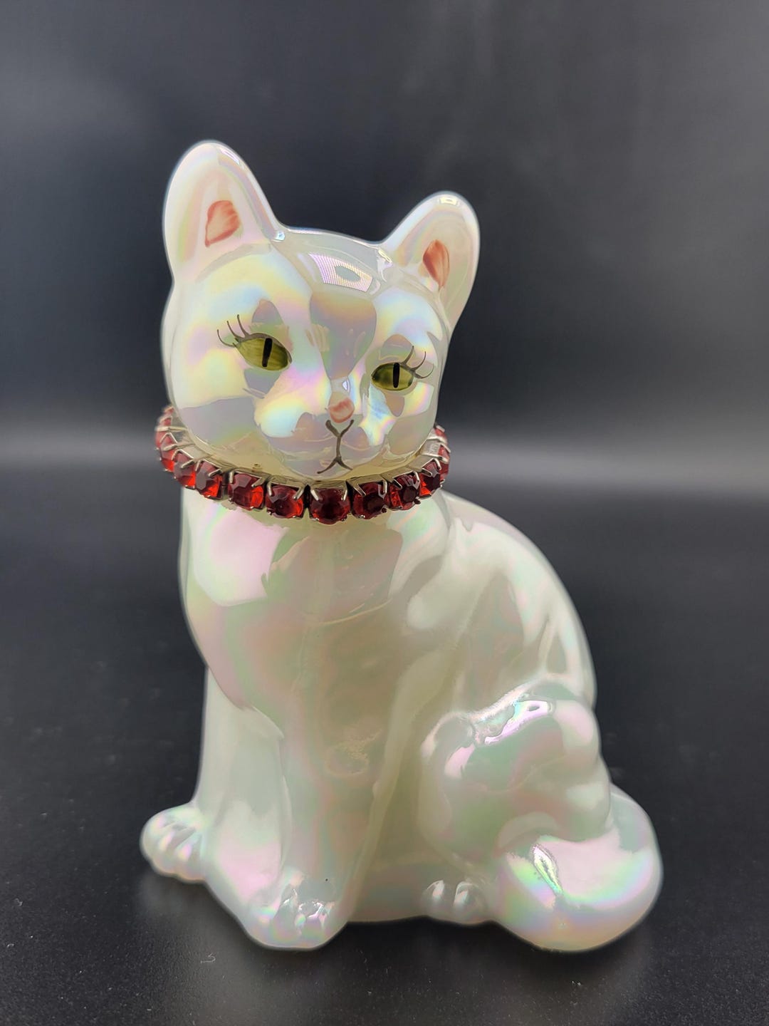 Fenton Cat With Red Rhinestone Necklace, Signed Sitting