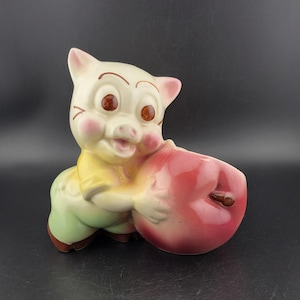 vintage Shawnee Pottery Happy pig with Apple planter, cache-pot shawnee, vintage Shawnee Pottery, cache-pot Shawnee happy pig, poterie Shawnee