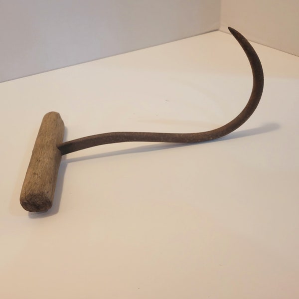Antique meat hook, Antique hay farm tool, metal hook tool, tools with wooden handles, primitive tools, vintage wood handle