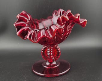 Vintage Fenton ruby red compote, vintage Ruffled Fenton glass, vintage ruby red compote, Fenton, pedestal Glass compote, candy dish