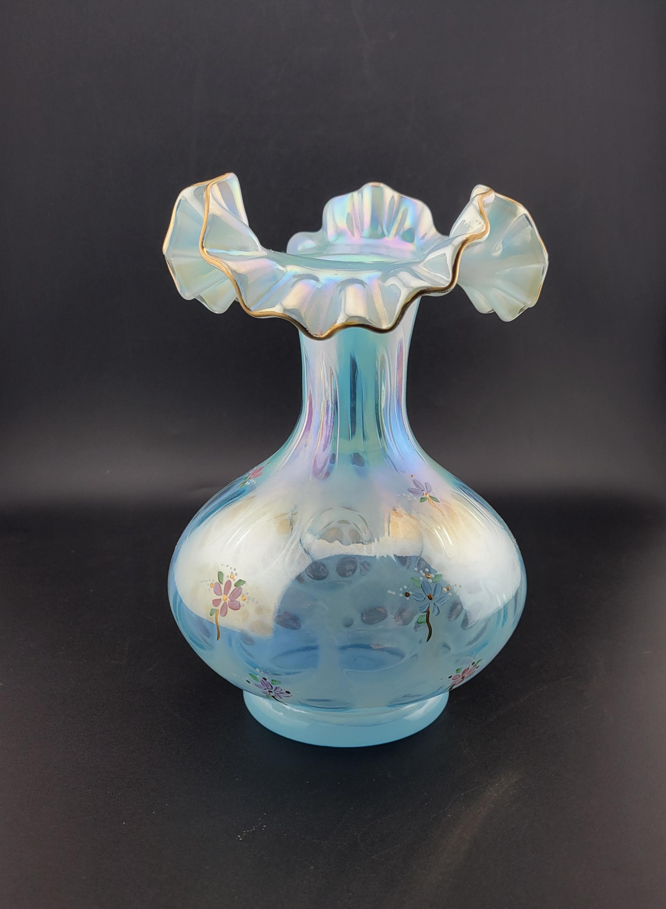 1991 Fenton Glass Blue Opalescent Coin Dot Ruffle Vase, Signed by