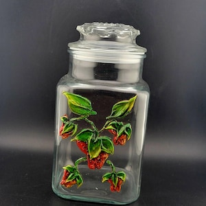 Vintage Anchor Hocking glass canister with Applied Strawberries, Vintage Lidded Storage Container, Anchor Hocking Strawberry Jar