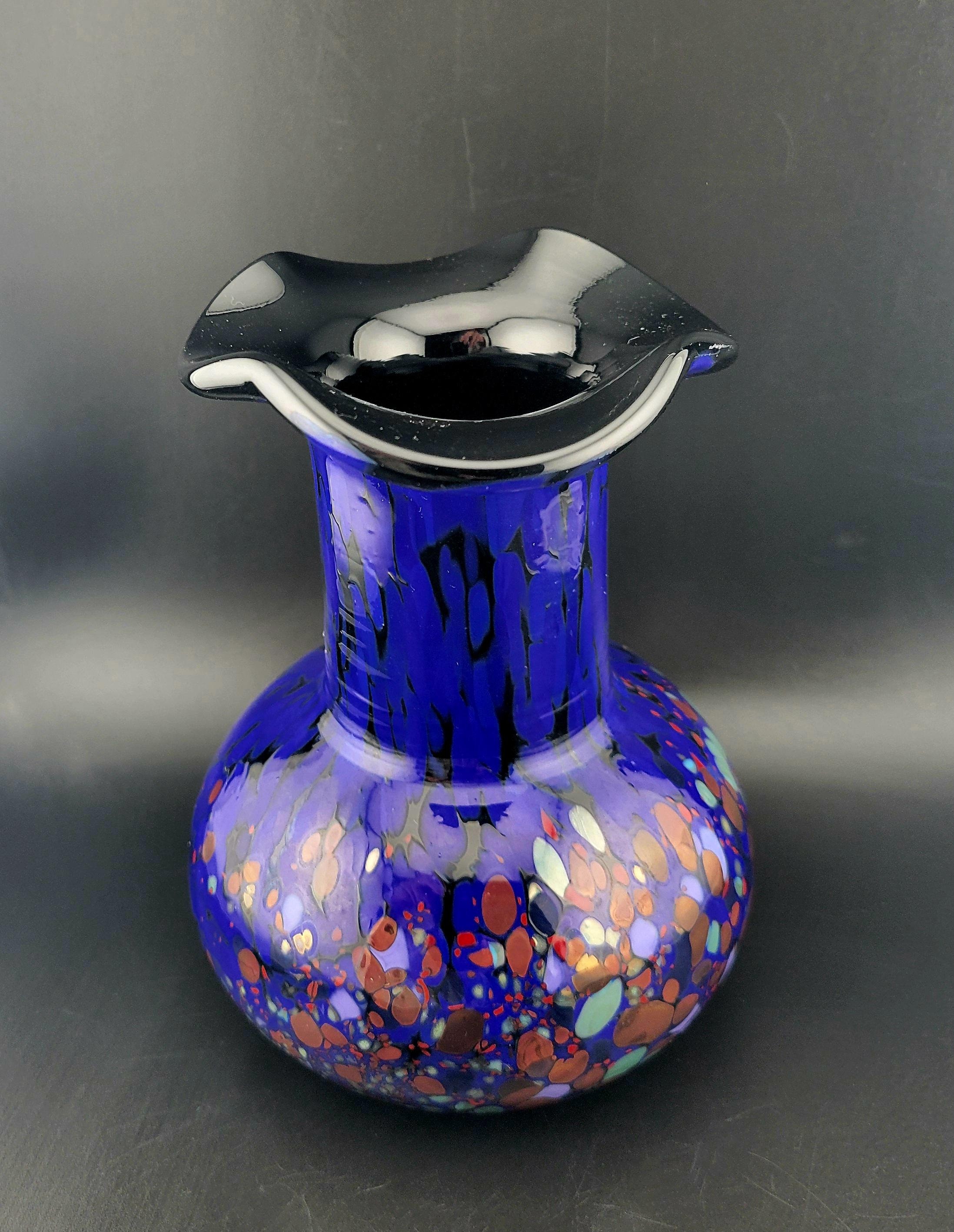 Vintage Blue Confetti Vase, Vintage Blue Art Glass Vase, Confetti