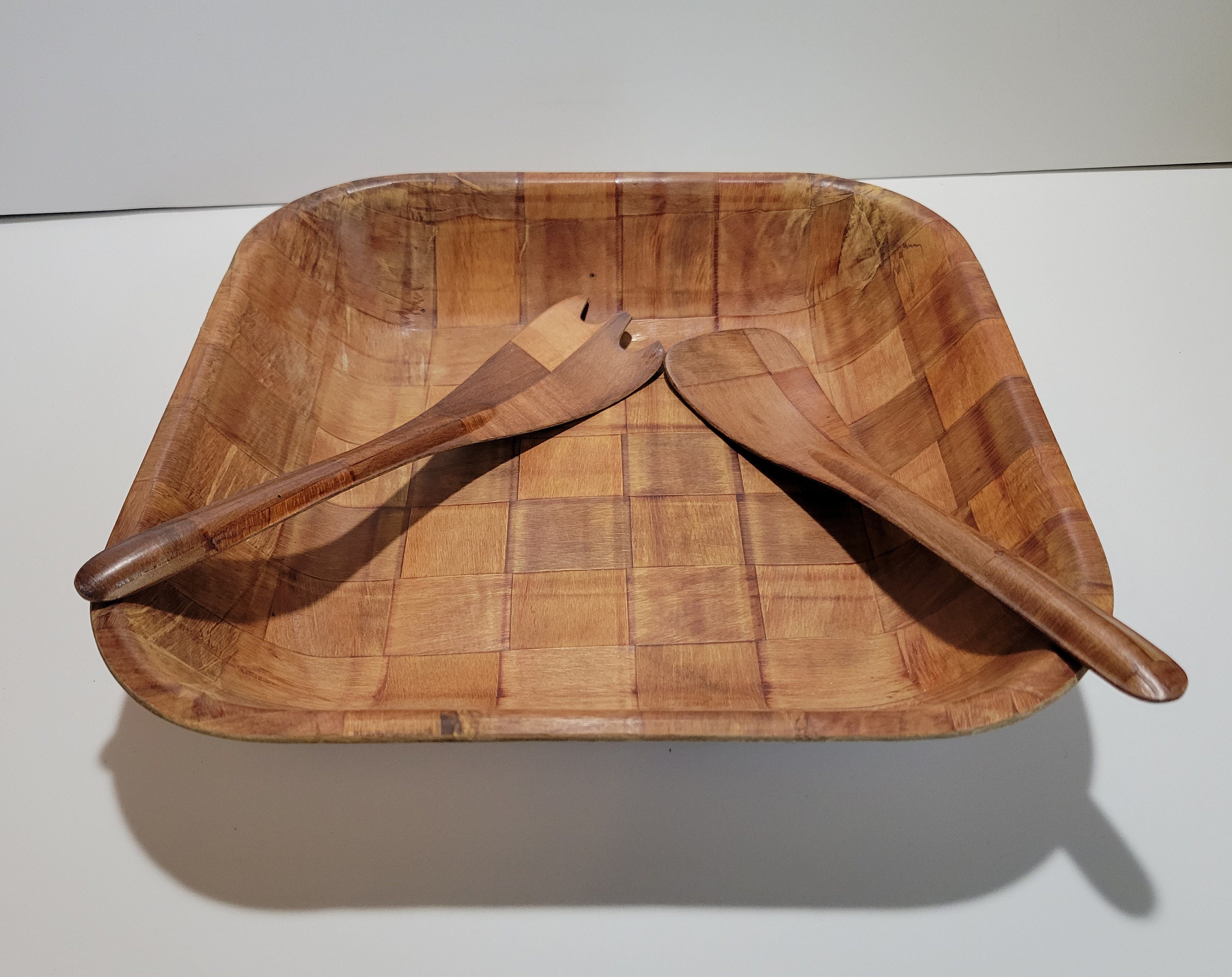 Vintage Pressed Wood Salad Bowl and Utensils Vintage Woven - Etsy Canada