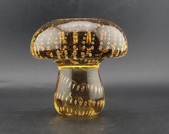 Vintage  Controlled Bubble Amber Glass Mushroom paperweight, kitschy,  retro,  mushrooms, groovy mushroom, art glass