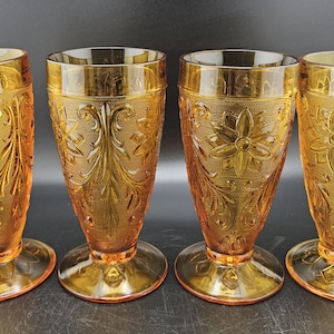 Tiara Indiana Glass Amber Sandwich Pattern Frosted Tumblers Set Of 4 8 Oz. each. 6 3/8&quot; tall