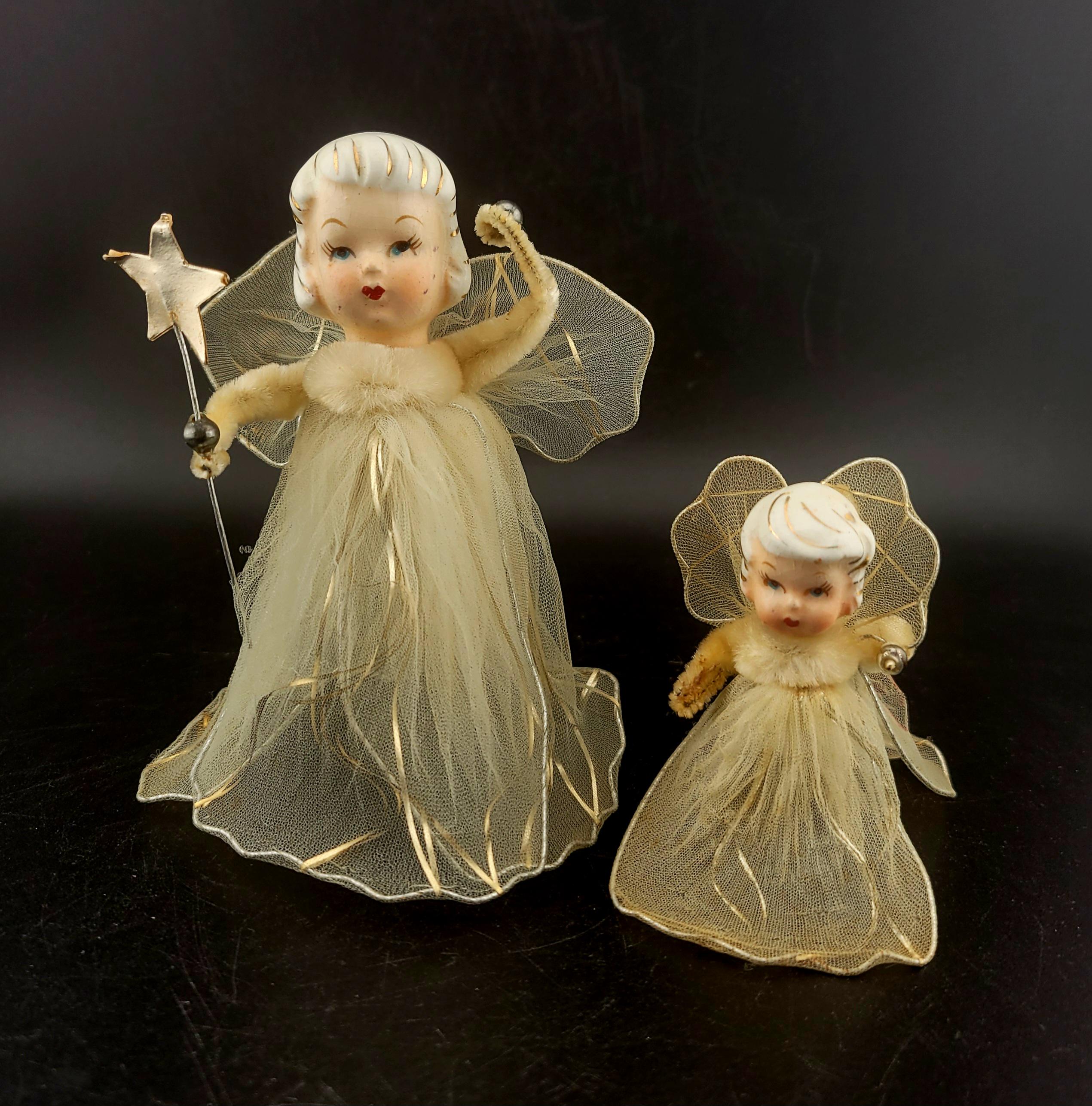 2 Engel aus Tüll mit Porzellankopf die einen Stern-Zauberstab hält, vintage Howard Holt Weihnachtsengel, Tüll Engel, Mid Century Engel, Anthropomorph