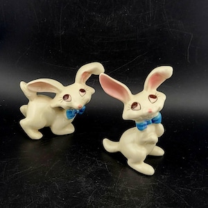 Bunny figurines, white bunny with blue bow tie,  white rabbit, MCM vintage Easter decor, cute bunny rabbits, Easter, anthropomorphic