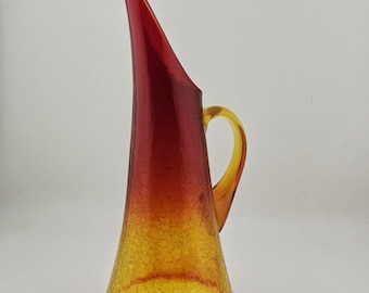 Vtg Kanawha Amberina Crackle Glass Vase Pitcher 1960's, art glass, art deco, handle