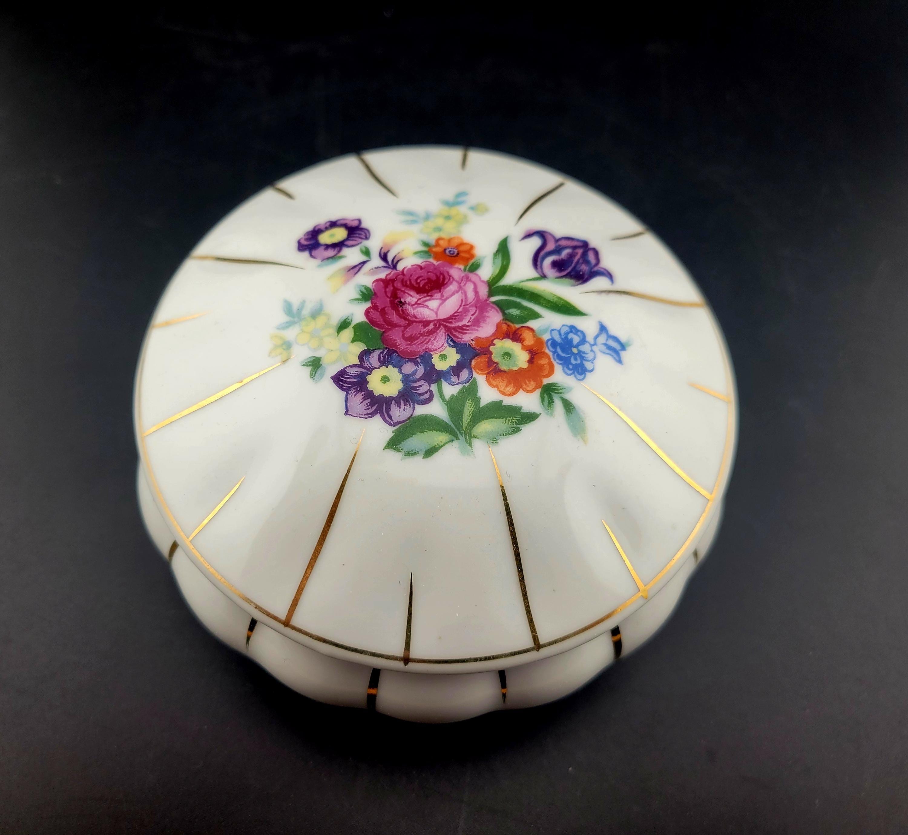 White Floral Top Porcelain Gold Trim Trinket Box, vintage trinket box,  mad in Japan,  hand painted flowers,  cottage core