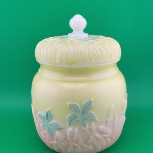 1897 Consolidated Glass Marsh Flower Wild Iris Cookie Biscuit Jar, antique Cookie Jar