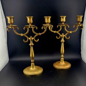 Pair of vintage brass three-arm candelabra, decorative brass Candlestick holders, mid Century home decor