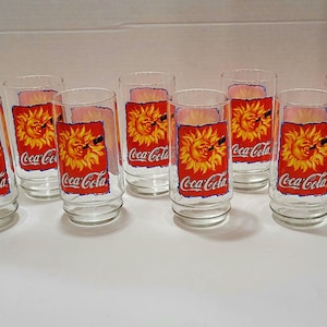 8 Indiana glass Coca cola Tumblers, Coca cola Tumblers, Vintage coca cola Sun drinkinga coke, coca cola glasses, red Coca cola tumbler, Coke