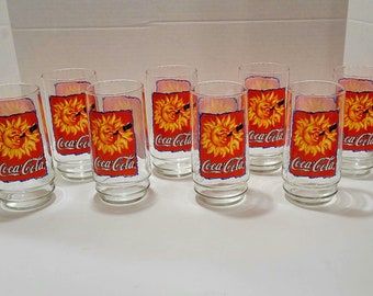 8 Indiana glass Coca cola Tumblers, Coca cola Tumblers, Vintage coca cola Sun drinkinga coke, coca cola glasses, red Coca cola tumbler, Coke