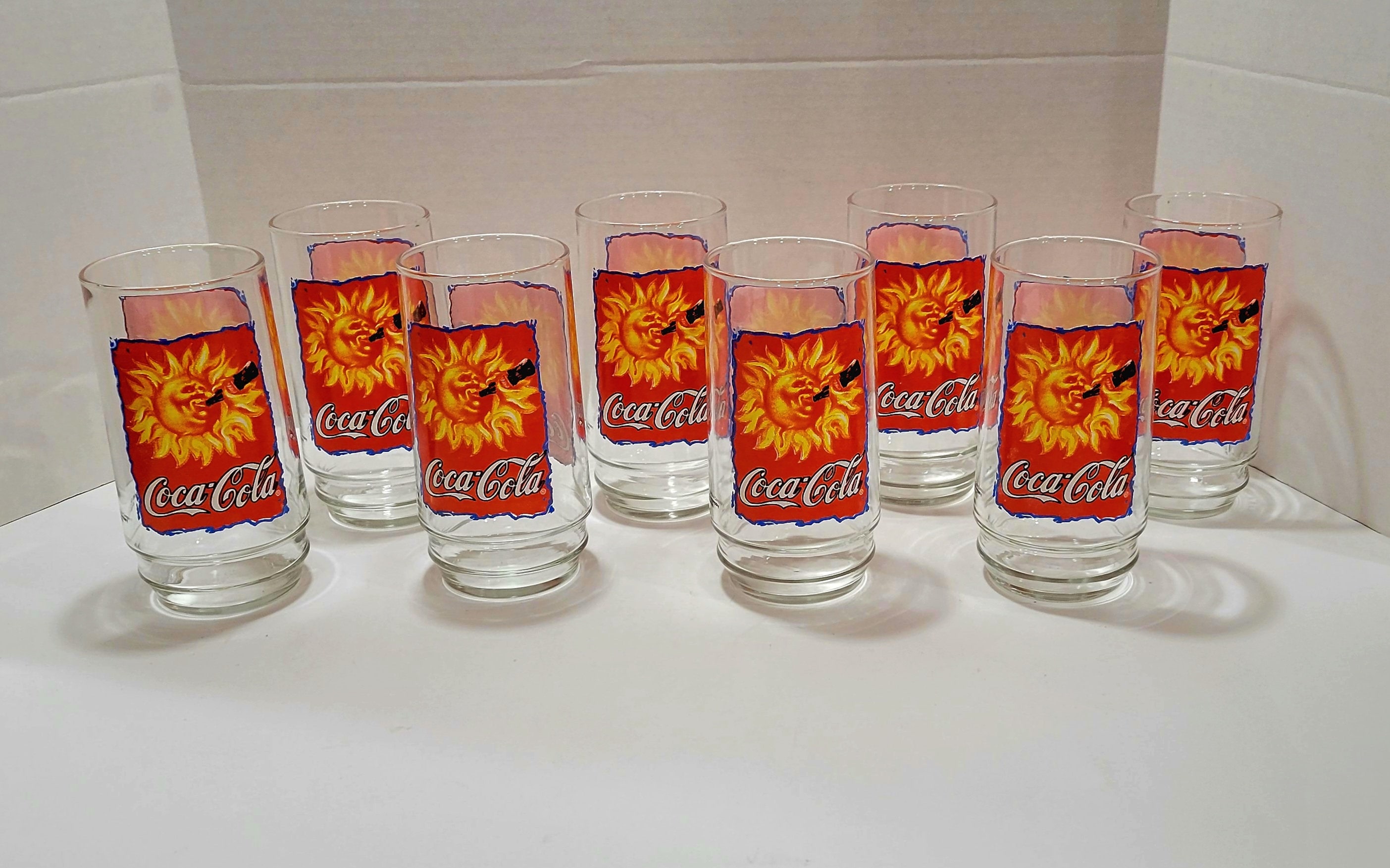 8 vasos de Coca-Cola de vidrio Indiana, vasos de Coca-Cola, Coca-Cola vintage Sun bebiendo una Coca-Cola, vasos de Coca-Cola, vaso rojo de Coca-Cola,
