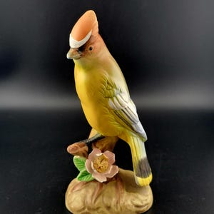 Żółta figurka ptaka z kwiatami, ceramiczna figurka ptaka na gałęzi, ptak z czubatką, wyprodukowana w Japonii, figurki, rdzeń domku, rdzeń chaty