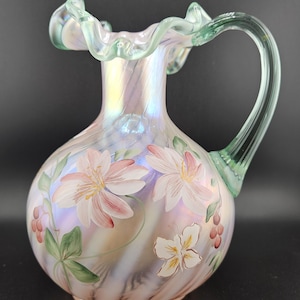 Fenton Champagne Pink Satin Pitcher Handpainted By B. Cutshaw & Bill Fenton Sign