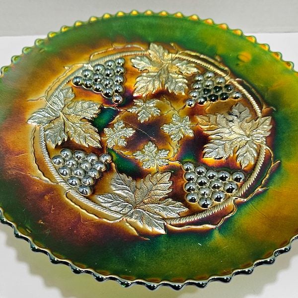 Green Northwood Carnival Glass Grape & Cable Plate, Green Northwood Carnival Glass Footed Dish/Plate