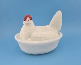 Vintage milkglass hen on nest, hen on basket,  hen on nest, vintage milkglass chicken, vintage hen on basket, Westmoreland, candy dish