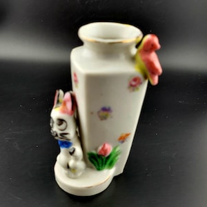 Vintage Porcelain Cat, Bird And Flowers Hand Painted Miniature Vase, Miniature Porcelain Antrhopomorphic Hand Painted Vase