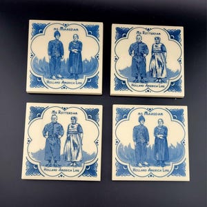 Holland America Line Tile Coasters Delft Blue Ceramic Lot Of 4 Coasters