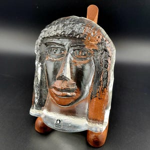 Erik Hoglund Modernist Glass Sculpture Face, Glass head paperweight,  made in Sweden,  ice Sculpture glass,  art glass