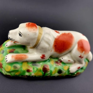 Staffordshire dog, Staffordshire dog made in England, Staffordshire dog on pillow figurine, vintage Staffordshire dog figurine, dog