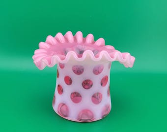 Fenton Cranberry Opalescent Art Glass Coin Spot Dot Top Hat Vase