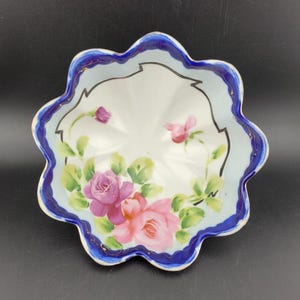 Nippon hand-painted scalloped bowl, Vintage Nippon Porcelain Footed dish, antique Nippon floral Footed Dish, Candy dish, roses,