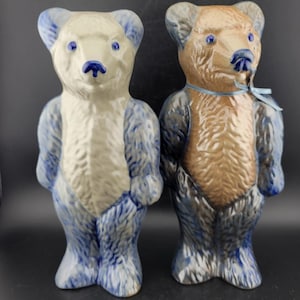 Beaumont Brothers Pottery 1996 Salt Glaze Bear figurine, ceramic teddy bears, blue and tan bear figurine,  vintage,  pair of bear figurines