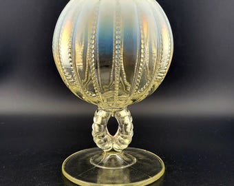 Vtg White Opalescent Glass Beaded Melon Footed Bowl Vase