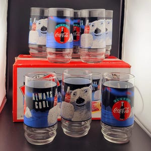 8 Indiana glass Coca cola Tumblers, Coca cola Tumblers, Vintage coca cola Polar bears, coca cola Christmas glasses, red Coca cola tumbler