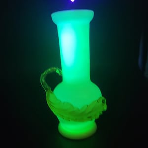 Vintage Uranium Glass Vase with applied glass leaf, Williams Stevens Uranium glass vase, Vaseline Glass, small antique vase