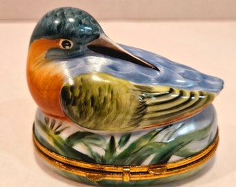 VTG Limoges Kingfisher Trinket Jewelry Box handbeschilderd ondertekend door de kunstenaar