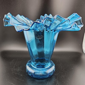 Vintage Blue Glass Vase, vintage blue Beacon glass, blue glass vase, ruffle edge glass vase, vintage blue glass, Vintage Vase, Blue Glass