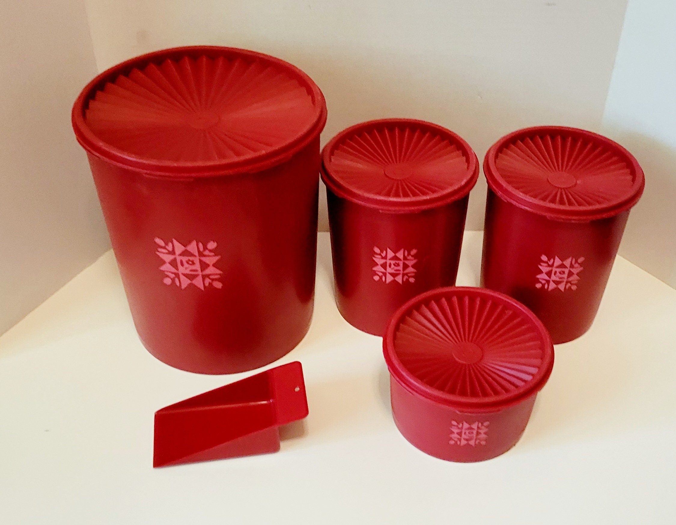 Vintage Red Tupperware Nesting Canister Set Tulip Quilt with Lids Servalier  Line