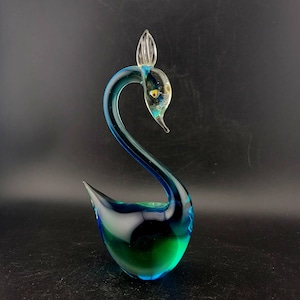 Vintage Murano SALVIATI Swan Art Glass Figurine BARBINI Blue Green Sommerso, Italian glass paperweight, swans